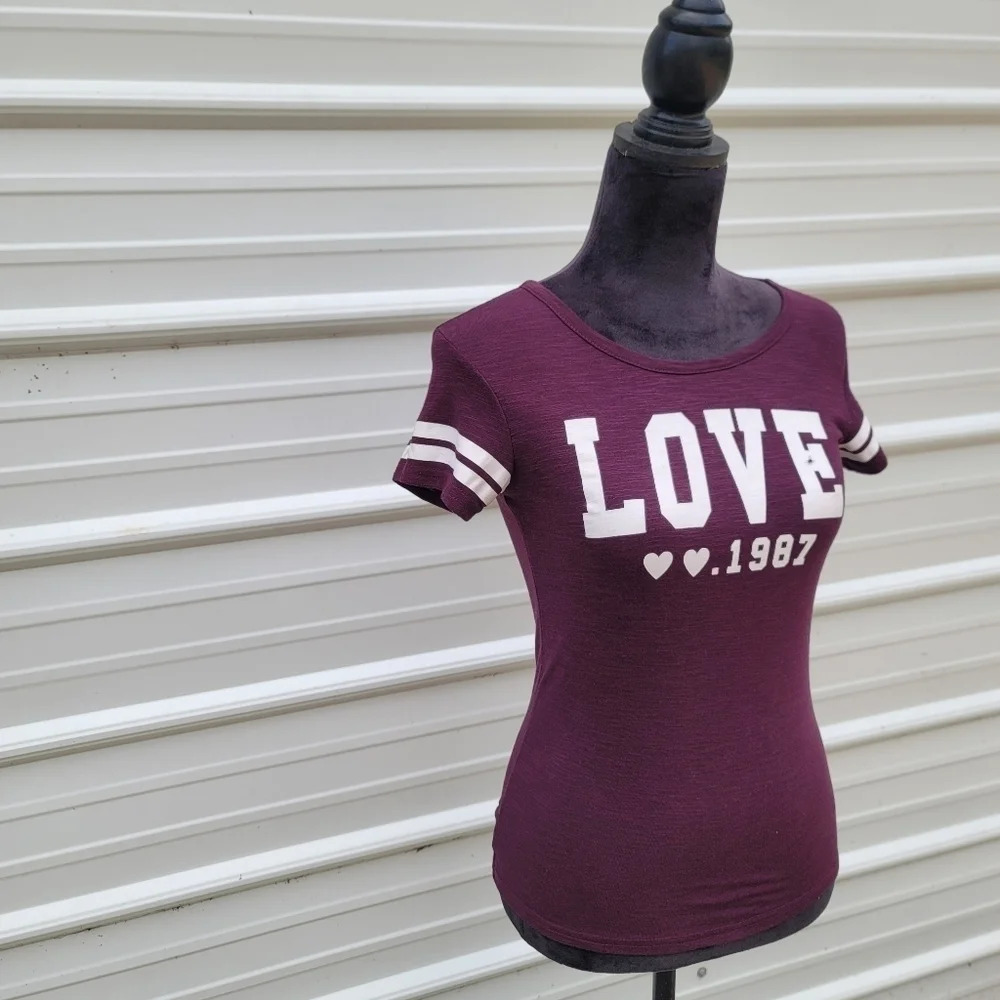Reflex Womens Women’s S Knit Purple Round Neck T Shirt Short Sleeve LOVE White